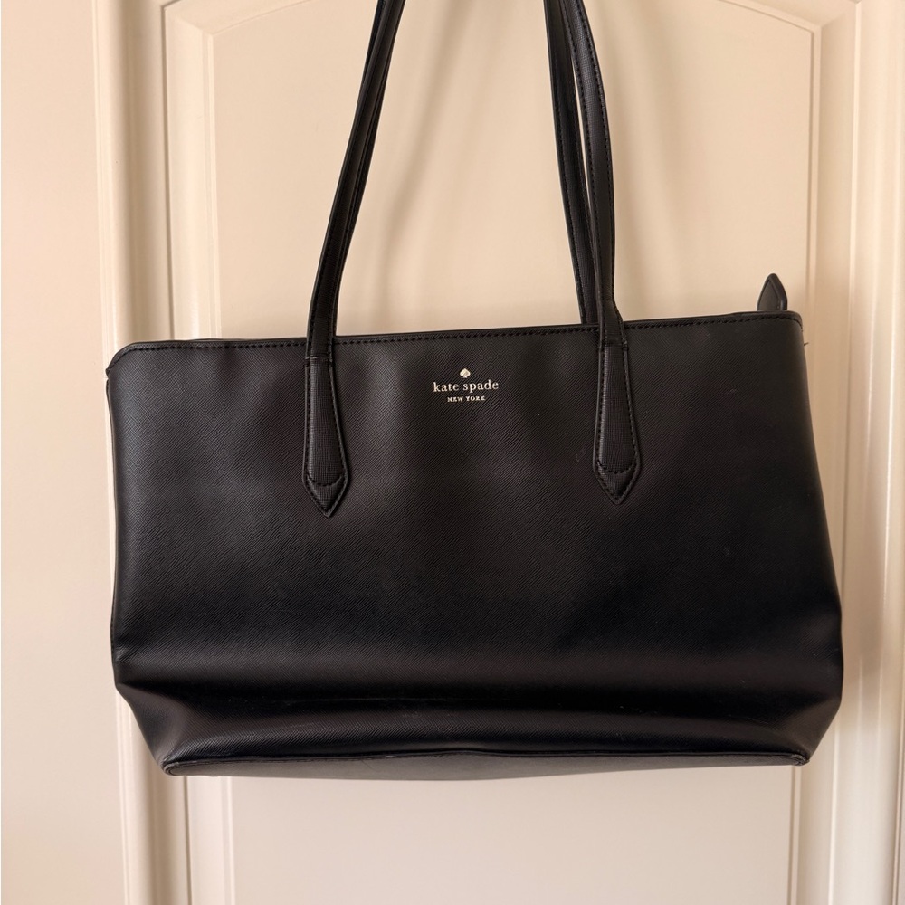 kate spade black leather tote with gold logo